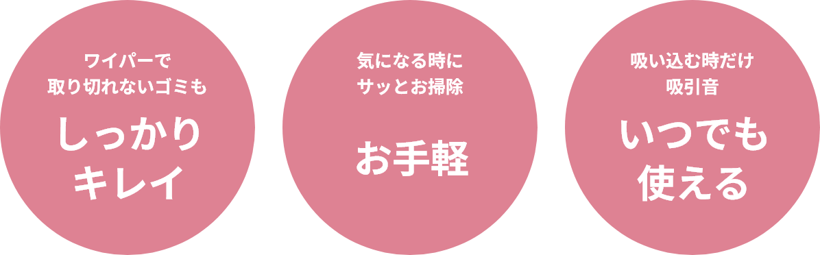 ワイパーで取り切れないゴミもしっかりキレイ／気になる時にサッとお掃除お手軽／吸い込む時だけ吸引音いつでも使える
